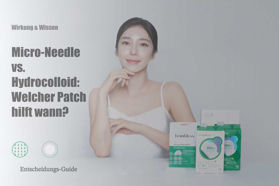Model mit klarer Haut am weißen Tisch; rechts Troubless-Patches (Micro-Needle und Hydrokolloid). Titelbild zum Beitrag über Spot Patches.