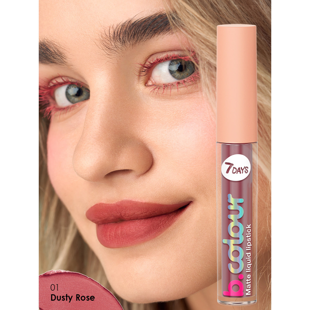 Frau mit mattem Lippenstift 7DAYS b.colour Matte Liquid Lipstick in der Nuance 01 Dusty Rose, kombiniert mit pinker Mascara.