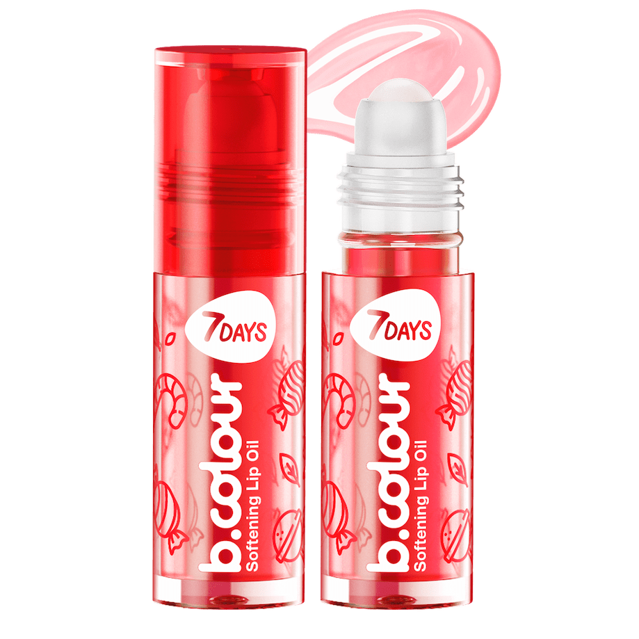 7DAYS b.colour Softening Lip Oil in transparenter, roter Flasche mit Roll-on-Applikator und verspieltem Candy-Design.