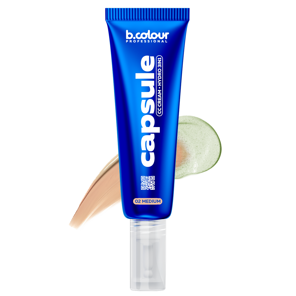 B.Colour Capsule Professional Hydrating CC Cream 3-in-1, Farbton 02 Medium, in blauer Tube mit Pumpspender und Farbprobe in mittlerem Nude-Ton