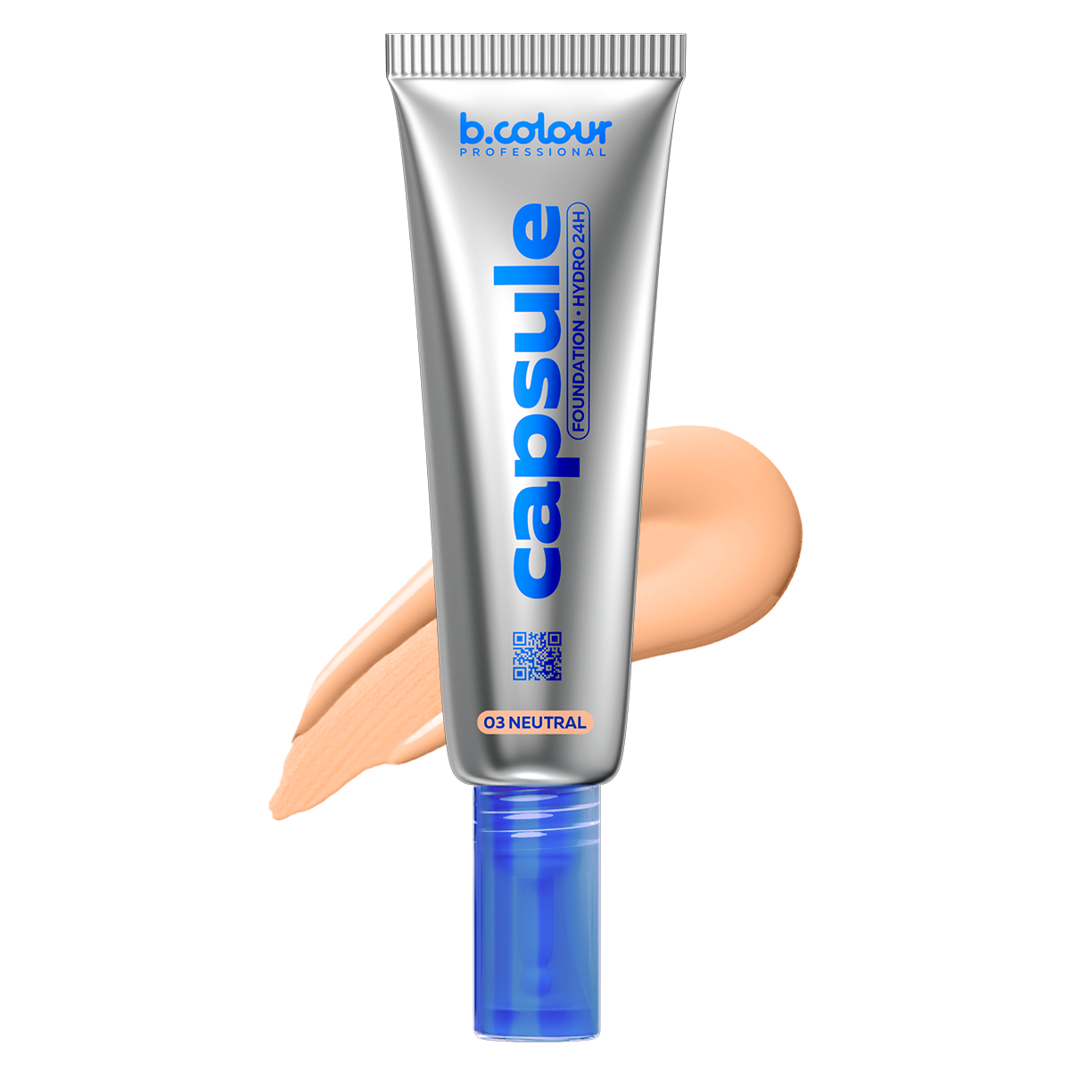 B.Colour Capsule Professional Hydrating Foundation 03 Neutral, silberne Tube mit blauem Verschluss und Farbprobe in mittlerem Neutral-Ton