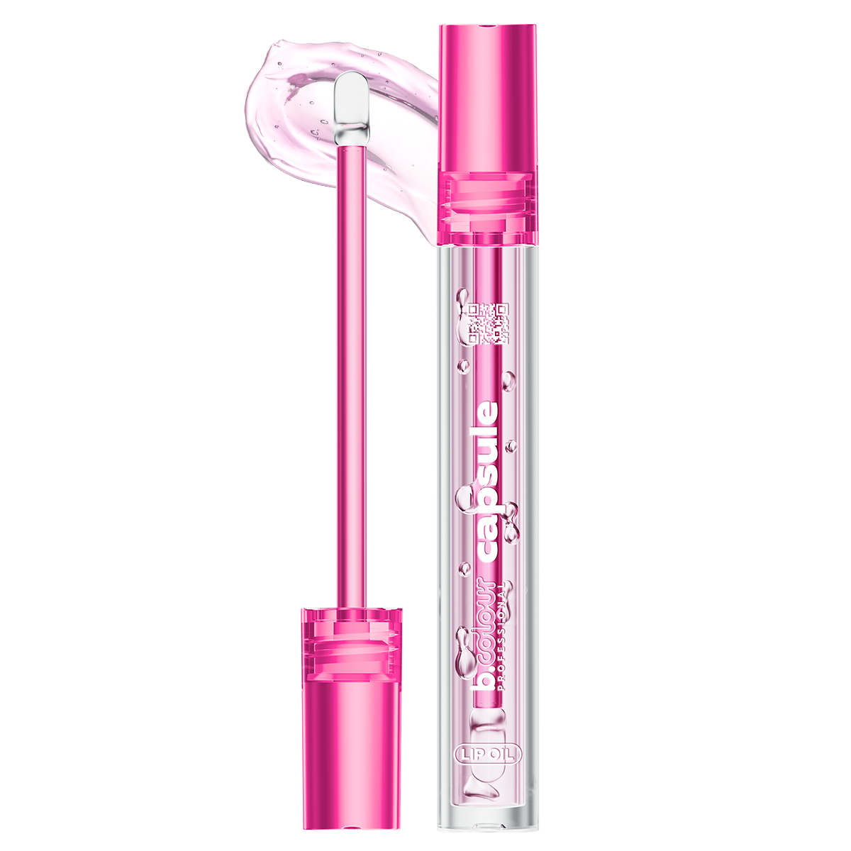B.Colour Capsule Professional Lip Oil, transparenter Behälter mit pinkem Deckel und Applikator, daneben Farbprobe in einem klaren Rosé-Ton