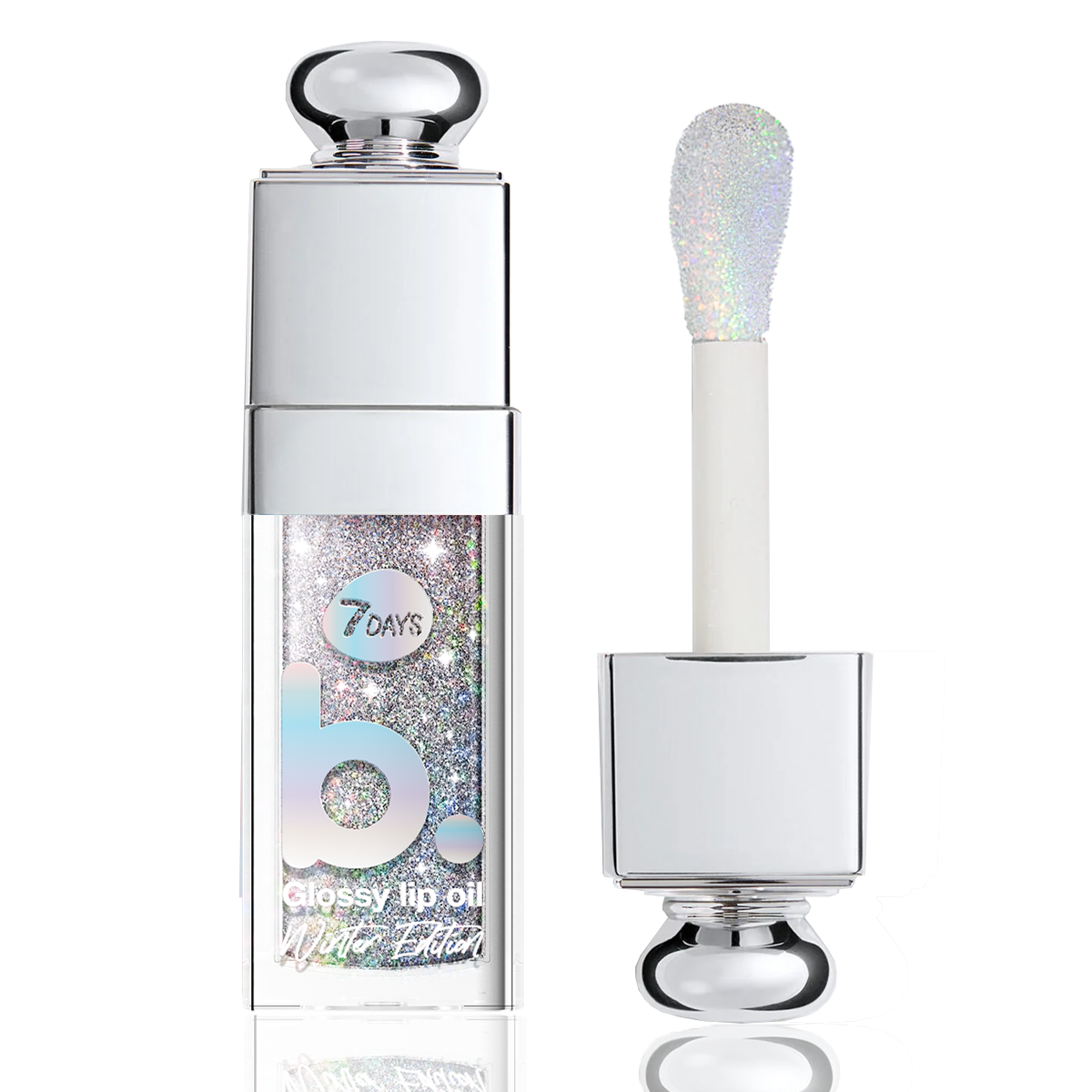 7DAYS b.colour Glossy Lip Oil Winter Edition Holo-Baby – Produktfoto mit geöffnetem Applikator, transparent-schimmernde Textur sichtbar