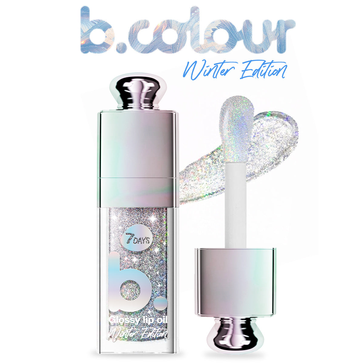 7DAYS b.colour Glossy Lip Oil Winter Edition – transparentes Lip Oil mit holografischem Glitzer-Effekt, elegantes Packaging mit silbernem Deckel und Applikator, schimmernder Winter-Look