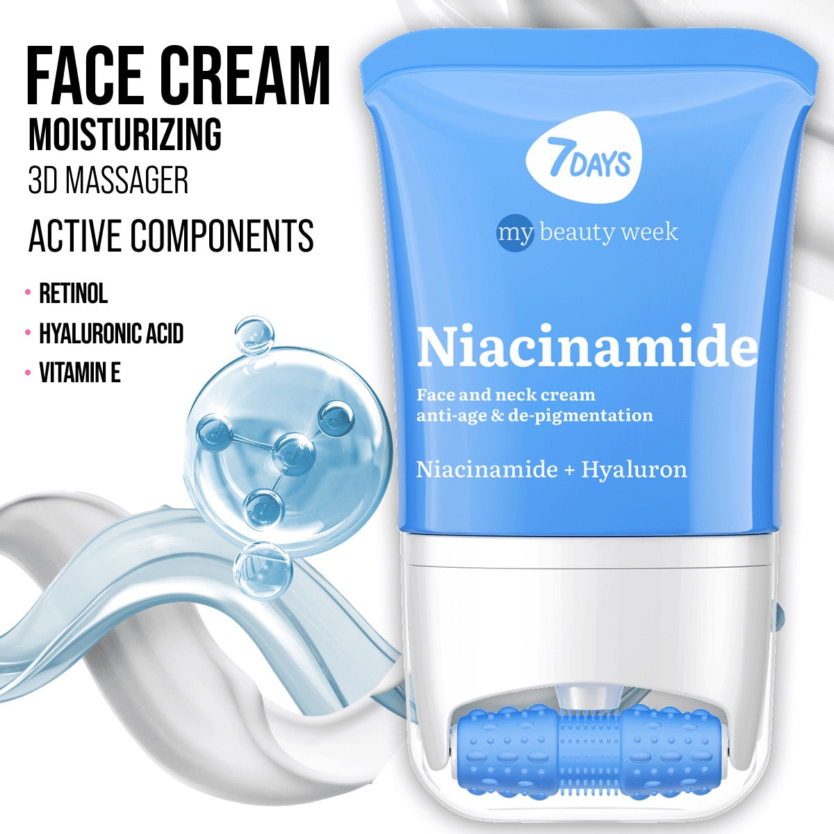 7DAYS my beauty week Niacinamide Face and Neck Cream – blaue Anti-Age & De-Pigmentierungscreme mit Hyaluron, Retinol und Vitamin E, inklusive 3D-Massageroller für feuchtigkeitsspendende Gesichtspflege