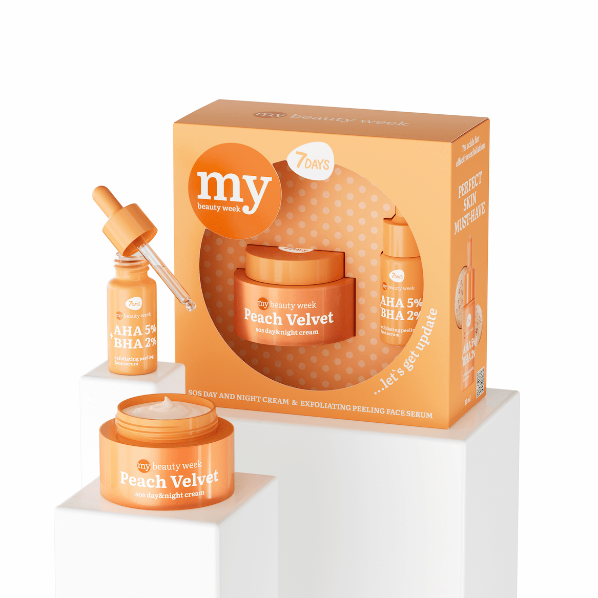 7DAYS My Beauty Week Peach Velvet Gift Set, bestehend aus SOS Day & Night Cream in der Dose und AHA 5% + BHA 2% Peeling-Serum in der Pipettenflasche, in oranger Verpackung