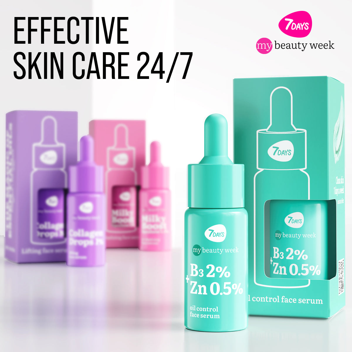 7DAYS my beauty week B3 2 % + Zn 0,5 % Oil Control Face Serum in türkisfarbener Flasche mit Pipette und passender Umverpackung, im Hintergrund unscharf weitere Varianten der gleichen Produktlinie in Rosa und Lila.