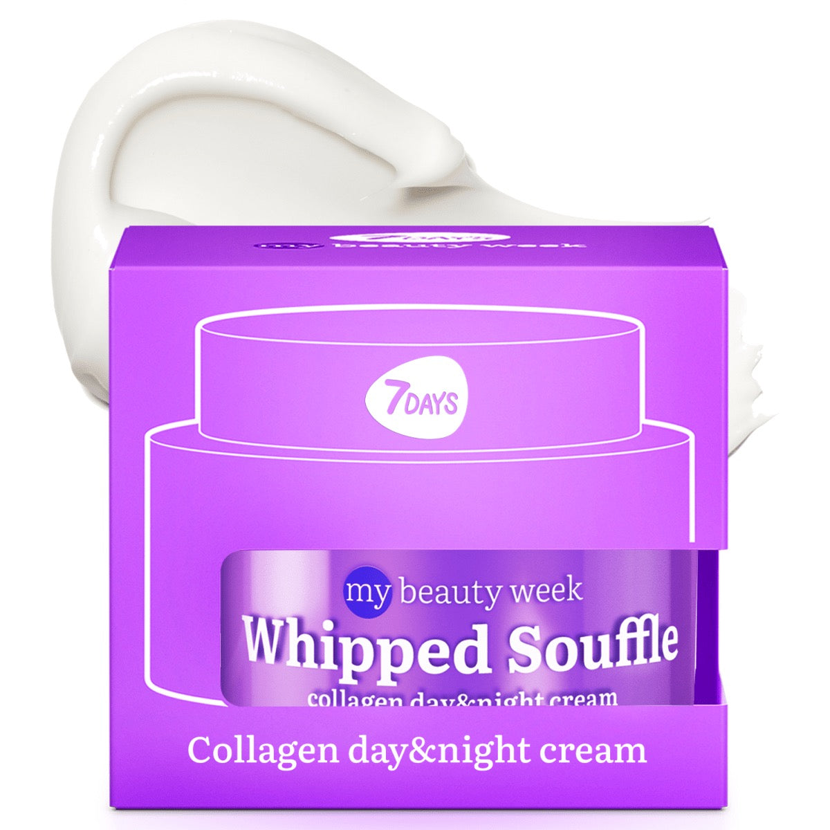 7DAYS my beauty week Whipped Souffle Collagen Day & Night Cream in lila Verpackung mit sichtbarem Tiegel – reichhaltige Collagenpflege für Tag und Nacht, präsentiert vor cremiger Textur im Hintergrund.
