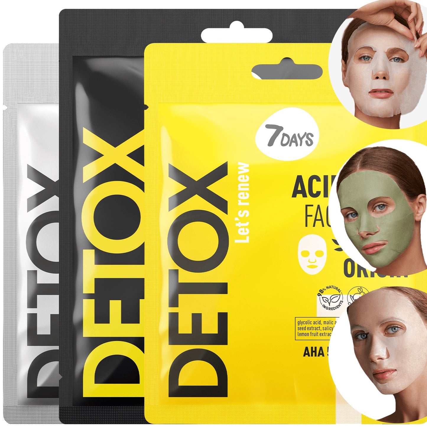 Drei Packungen 7DAYS Detox Gesichtsmaske in Schwarz, Silber und Gelb, daneben runde Ausschnitte mit Frauen, die die Masken in Weiß oder Grün aufgetragen haben.