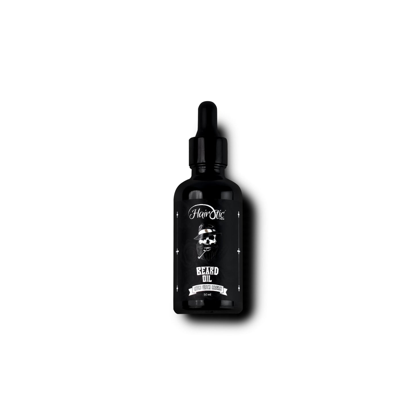Schwarze Glasflasche Hairotic Professional Beard Oil, 50 ml, mit Pipettenverschluss und weißem Logo, Produktfoto auf weißem Hintergrund.