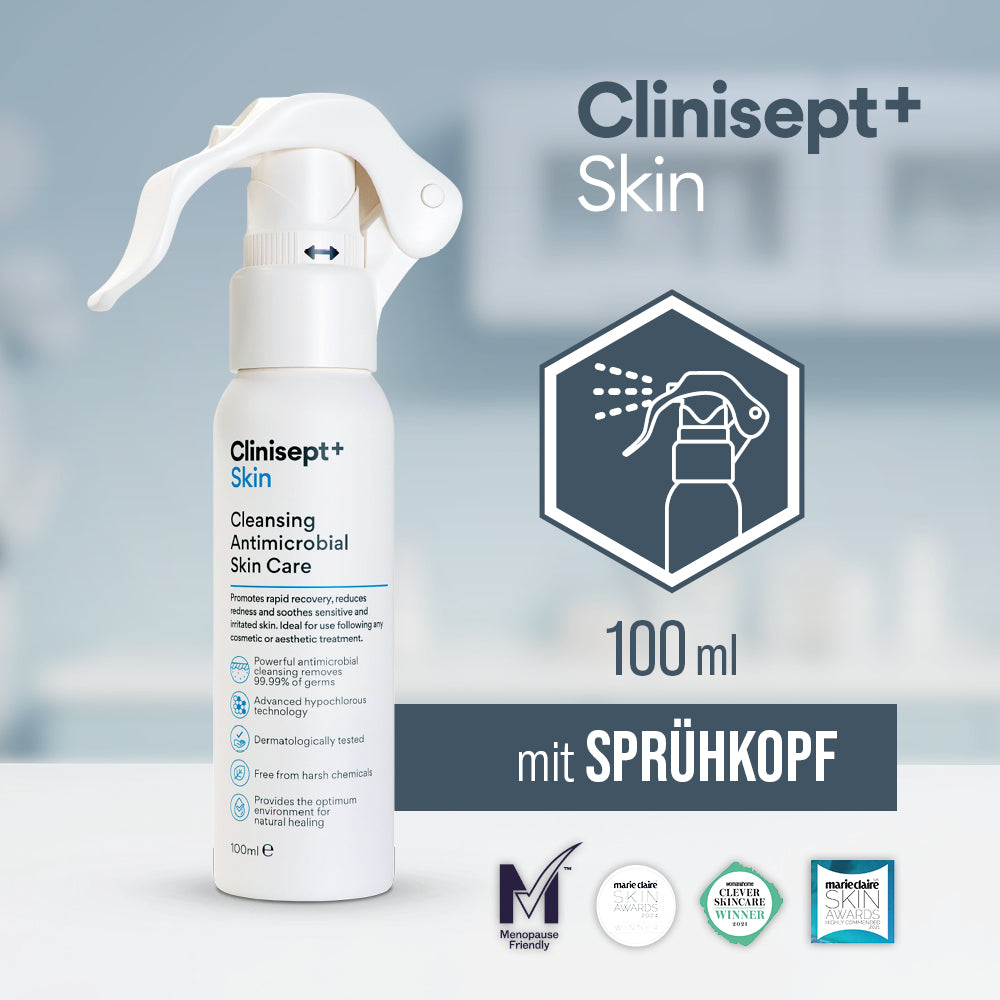 Clinisept+ Skin 100 ml mit Sprühkopf – antimikrobielle Hautpflege, ausgezeichnet bei Marie Claire Skin Awards und Clever Skincare Awards, geeignet für sensible Haut und Menopause Friendly