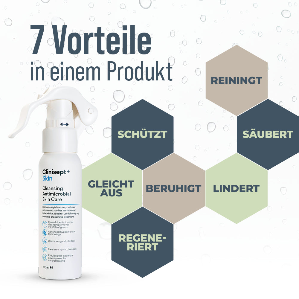 Infografik: Clinisept+ Skin 100 ml mit 7 Vorteilen in einem Produkt – reinigt, säubert, schützt, gleicht aus, beruhigt, lindert und regeneriert