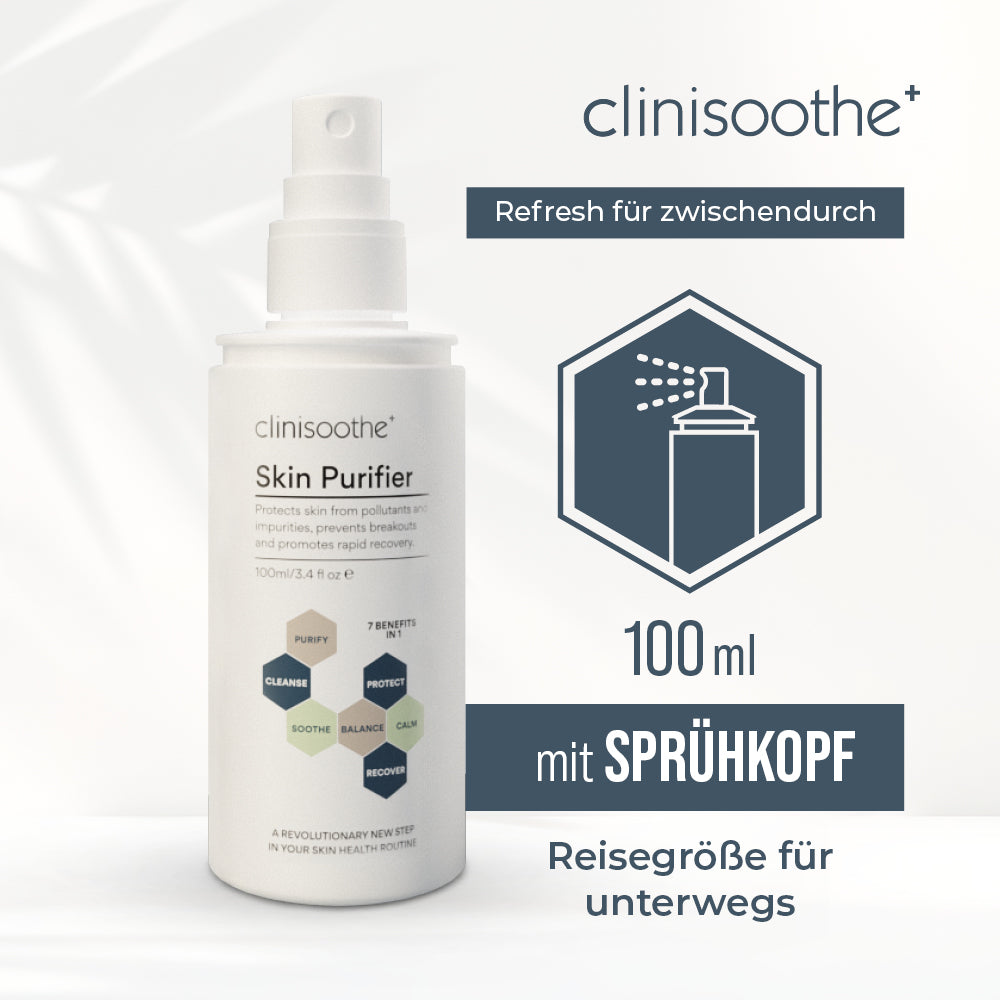 Clinisoothe+ Skin Purifier 100 ml Sprayflasche mit Text „Refresh für zwischendurch“, Symbol für Sprühkopf, Hinweis „mit Sprühkopf, Reisegröße für unterwegs“.