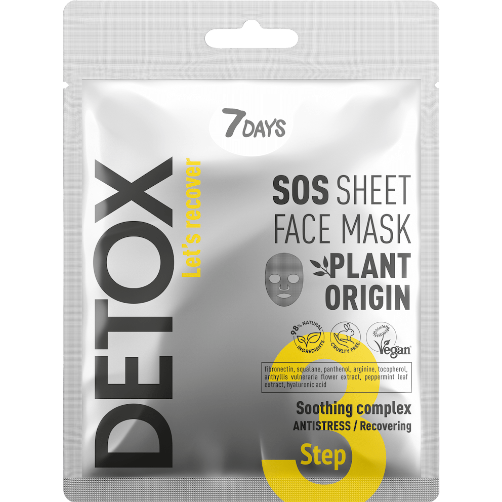 7DAYS DETOX SOS Sheet Face Mask in silber-gelber Verpackung mit pflanzlichem Ursprung, veganer Formel und beruhigendem Antistress-Komplex.