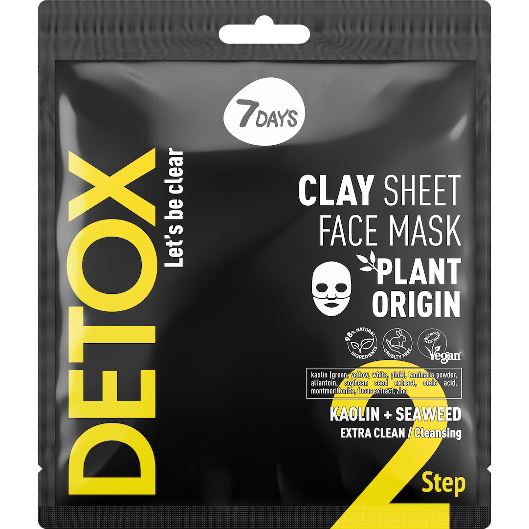 7DAYS DETOX Clay Sheet Face Mask in schwarzer Verpackung mit Kaolin und Meeresalgen, pflanzlichem Ursprung, veganer Formel und klärender Wirkung.