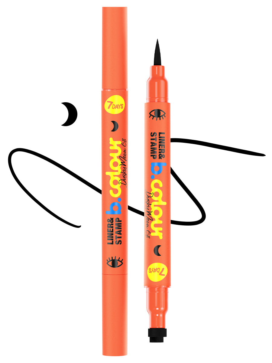 7DAYS b.colour Liner & Stamp 03 Dusky Moon, schwarzer Eyeliner mit feiner Spitze und integriertem Mond-Stempel, im orangefarbenen Stift-Design mit dekorativen Symbolen, aufgetragenen Linien im Hintergrund