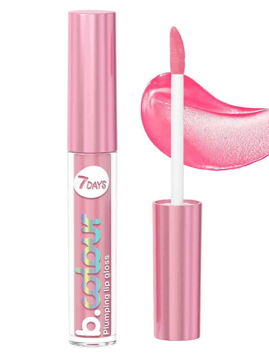 7DAYS b.colour Plumping Lip Gloss 02 Soft Pink, glänzender Lipgloss in zartem Rosa mit Volumen-Effekt, im transparenten Flakon mit rosa Metallic-Deckel und Applikator, Farbauftrag im Hintergrund