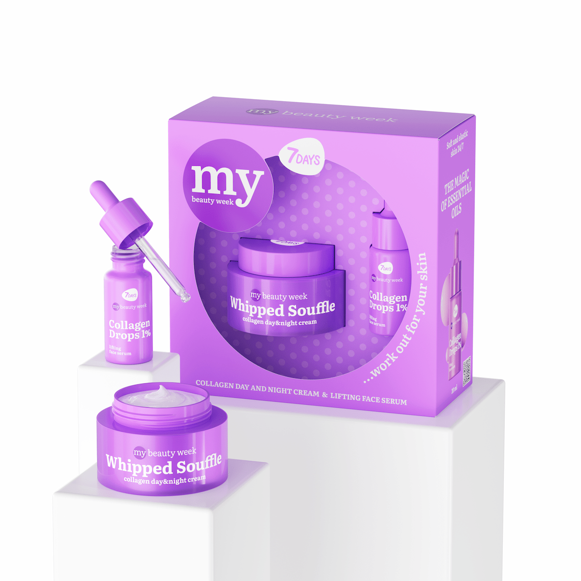 7DAYS My Beauty Week Whipped Souffle Gift Set, bestehend aus Collagen Day & Night Cream in der Dose und Collagen Drops 1% Lifting Face Serum in der Pipettenflasche, in lilafarbener Verpackung