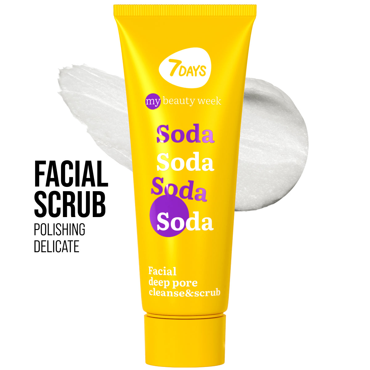 7DAYS my beauty week Soda Facial Scrub in gelber Tube mit buntem Aufdruck, daneben eine weiße Peeling-Textur als Produktdarstellung.