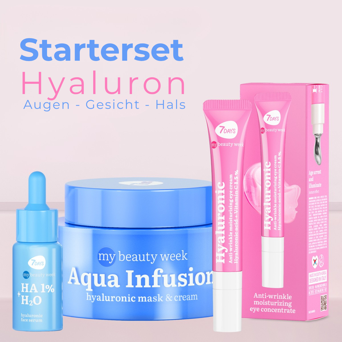 7DAYS Starterset Hyaluron für Augen, Gesicht und Hals; im Bild blaues Aqua Infusion Serum & Creme sowie pinkes Hyaluronic Eye Concentrate mit Verpackung.