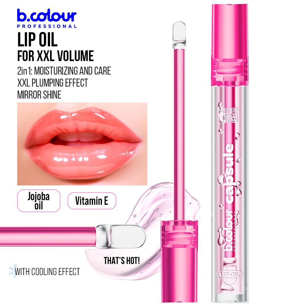 b.colour Capsule Lip Oil in transparenter Flasche mit pinkem Deckel, Applikator und Gloss-Textur, beworben mit XXL Plumping Effekt, Mirror Shine, Jojobaöl, Vitamin E und kühlendem Effekt.