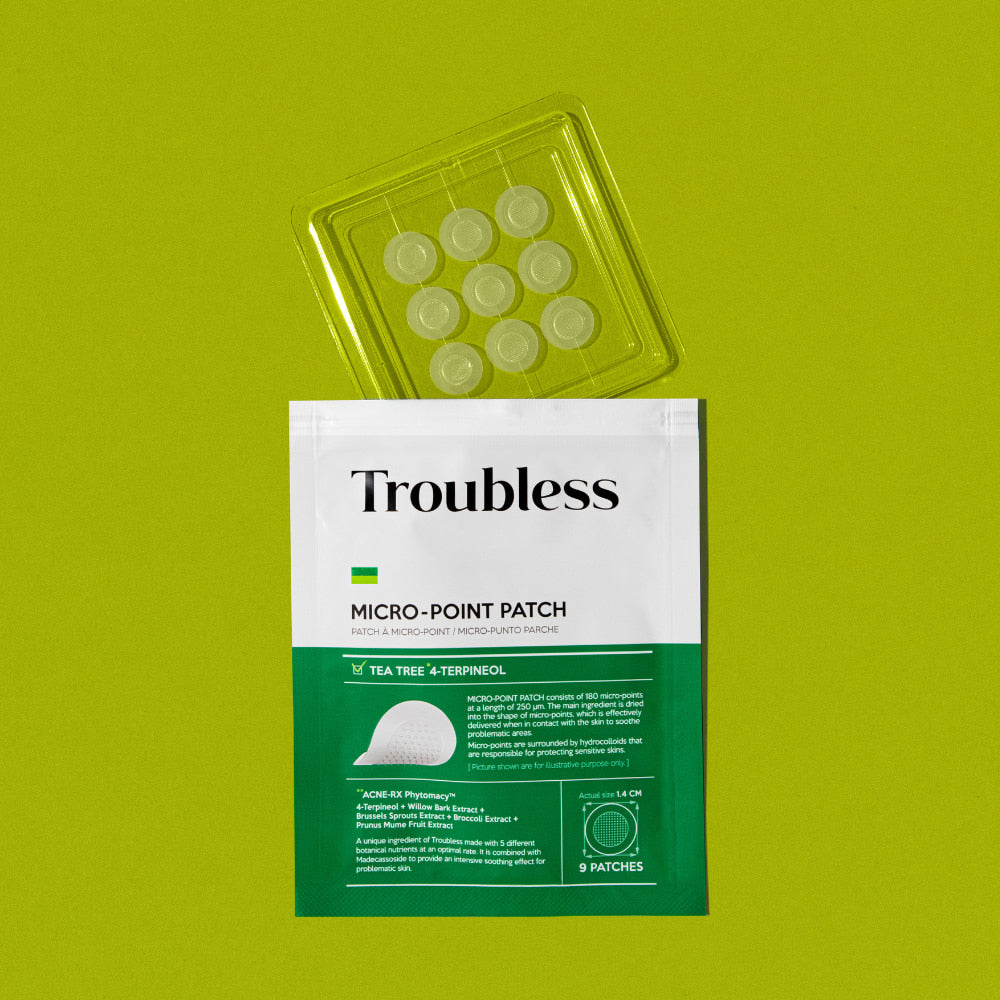 Troubless Micro-Point Patch – Verpackung und transparente Blisterfolie mit 9 runden Micro-Point-Pflastern