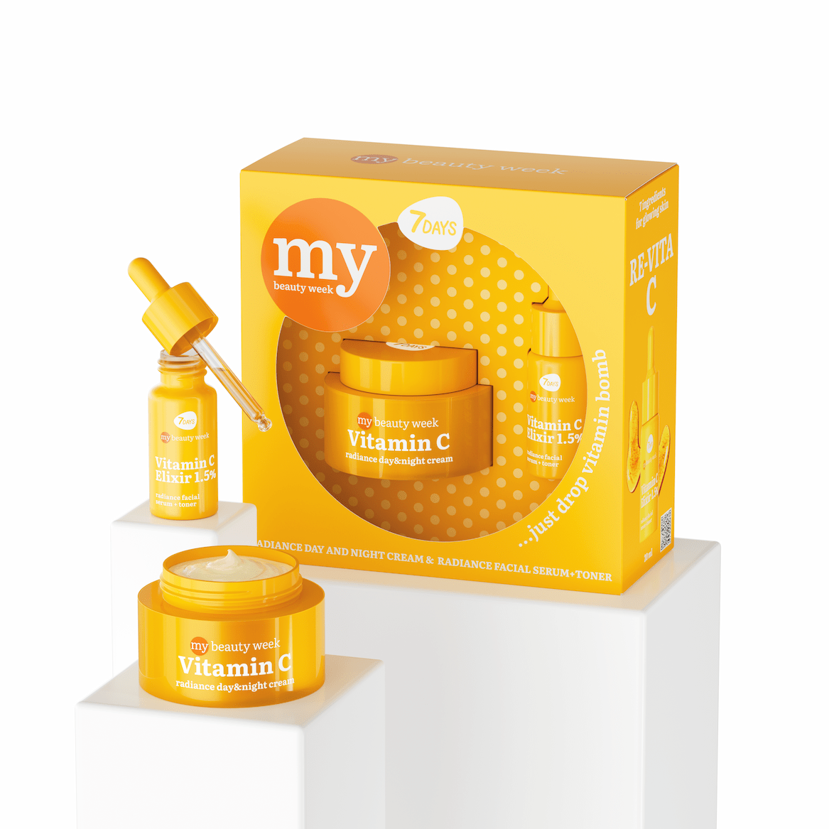 7DAYS My Beauty Week Vitamin C Gift Set, bestehend aus Radiance Day & Night Cream in der Dose und Vitamin C Elixir 1.5% Radiance Face Serum in der Pipettenflasche, in gelber Verpackung
