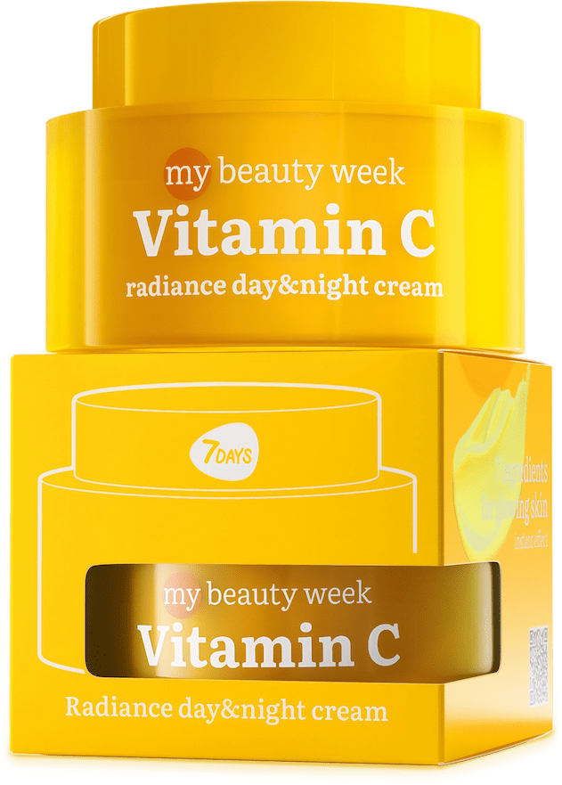 7DAYS my beauty week Vitamin C radiance day & night cream in gelber Dose, präsentiert auf passender gelber Verpackung
