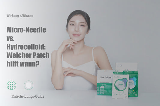Model mit klarer Haut am weißen Tisch; rechts Troubless-Patches (Micro-Needle und Hydrokolloid). Titelbild zum Beitrag über Spot Patches.