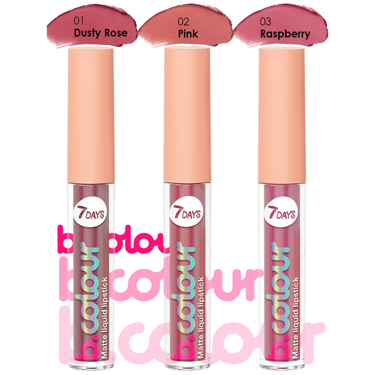 Drei matte Liquid Lipsticks von b.colour in den Farbtönen 01 Dusty Rose, 02 Pink und 03 Raspberry, jeweils mit Farbswatch oberhalb der Tube.