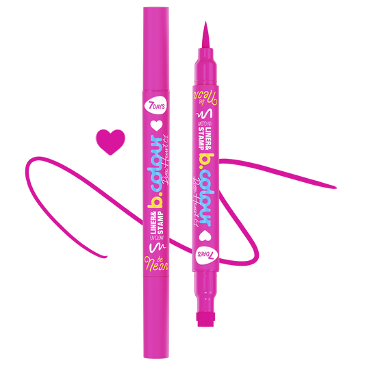b.colour Eyeliner & Stamp in Neon-Pink mit Herz-Stempel und feiner Spitze, dekoriert mit Herzsymbol und schwungvollem Eyelinerstrich.