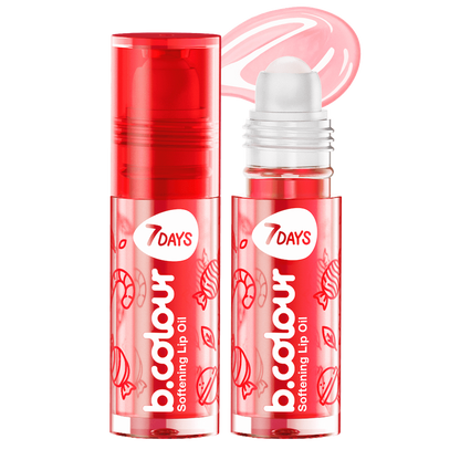 7DAYS b.colour Softening Lip Oil in transparenter, roter Flasche mit Roll-on-Applikator und verspieltem Candy-Design.
