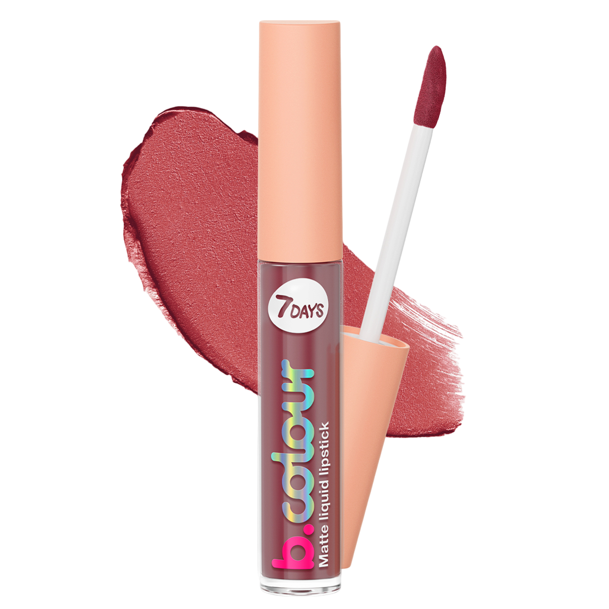 7DAYS b.colour Matte Liquid Lipstick 01 Nude, matter flüssiger Lippenstift in warmem Nude-Ton, im transparenten Flakon mit Applikator und Farbauftrag im Hintergrund