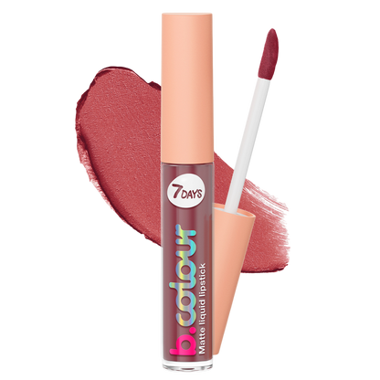 7DAYS b.colour Matte Liquid Lipstick 01 Nude, matter flüssiger Lippenstift in warmem Nude-Ton, im transparenten Flakon mit Applikator und Farbauftrag im Hintergrund