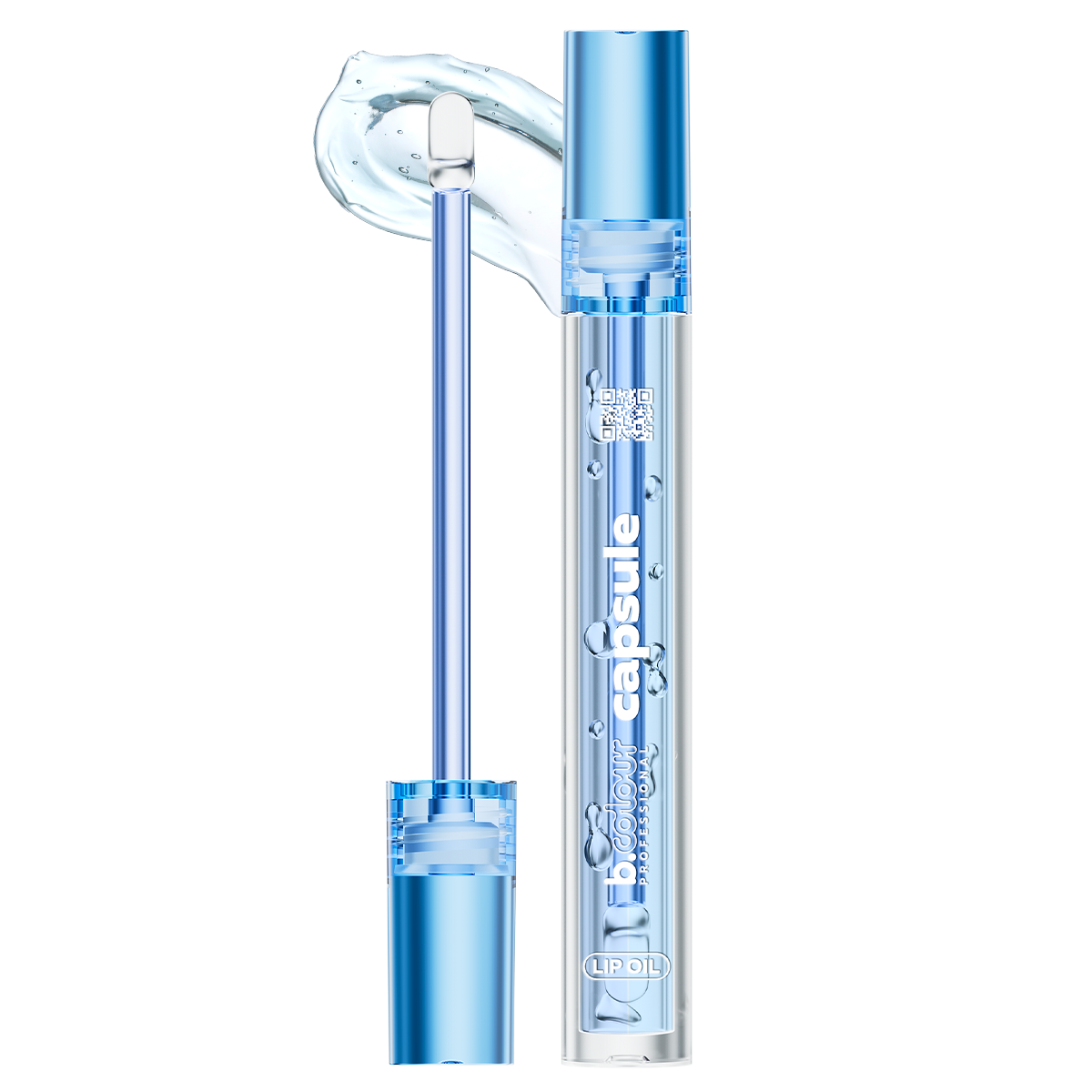 B.Colour Capsule Professional Lip Oil, transparenter Behälter mit blauem Deckel und Applikator, daneben Farbprobe in einem klaren Eisblau-Ton
