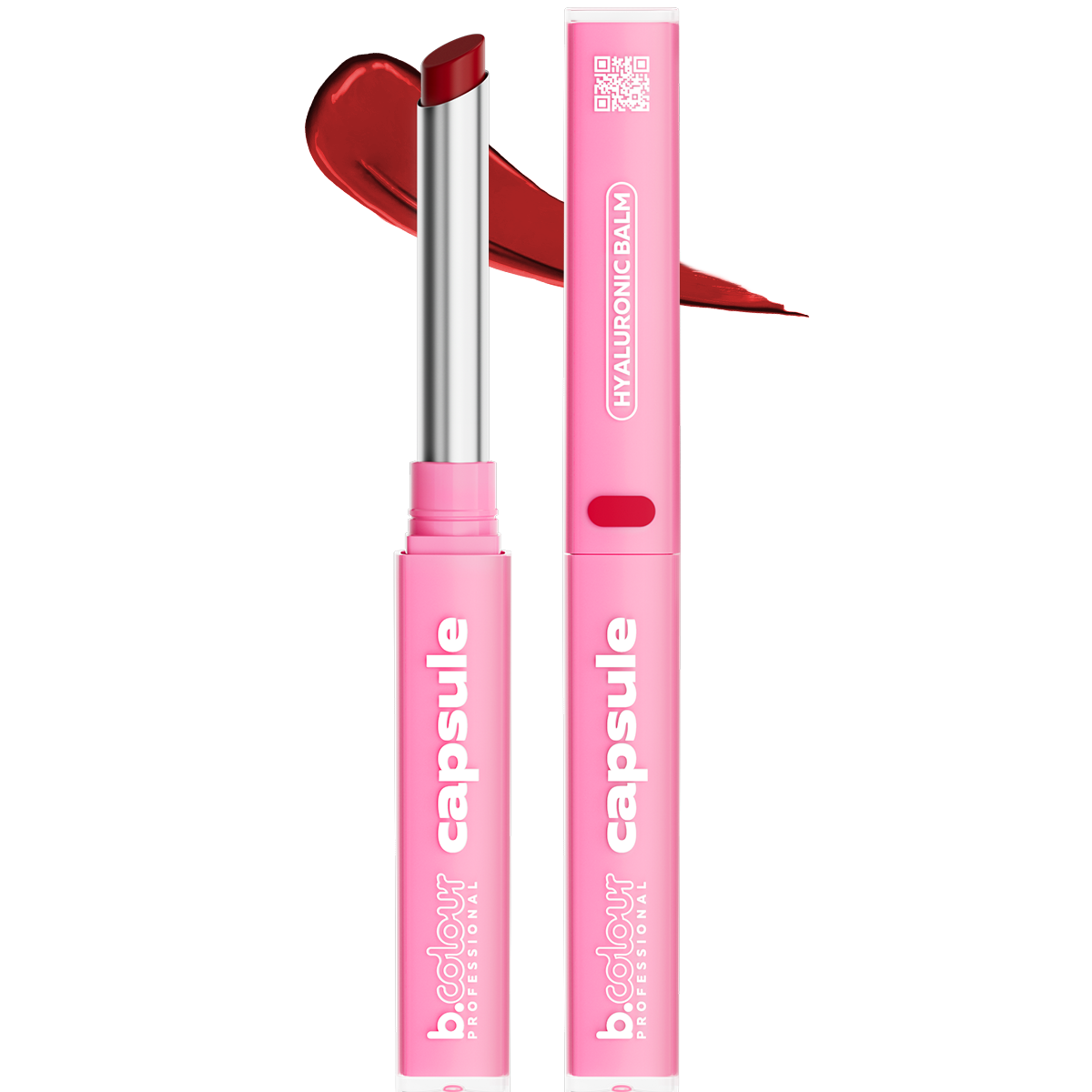 B.Colour Capsule Professional Super Stay Lip Pencil 110, silberner Stift mit blauer Aufschrift und farbigem Ende, daneben Farbabstrich in einem tiefen Bordeaux-Rot