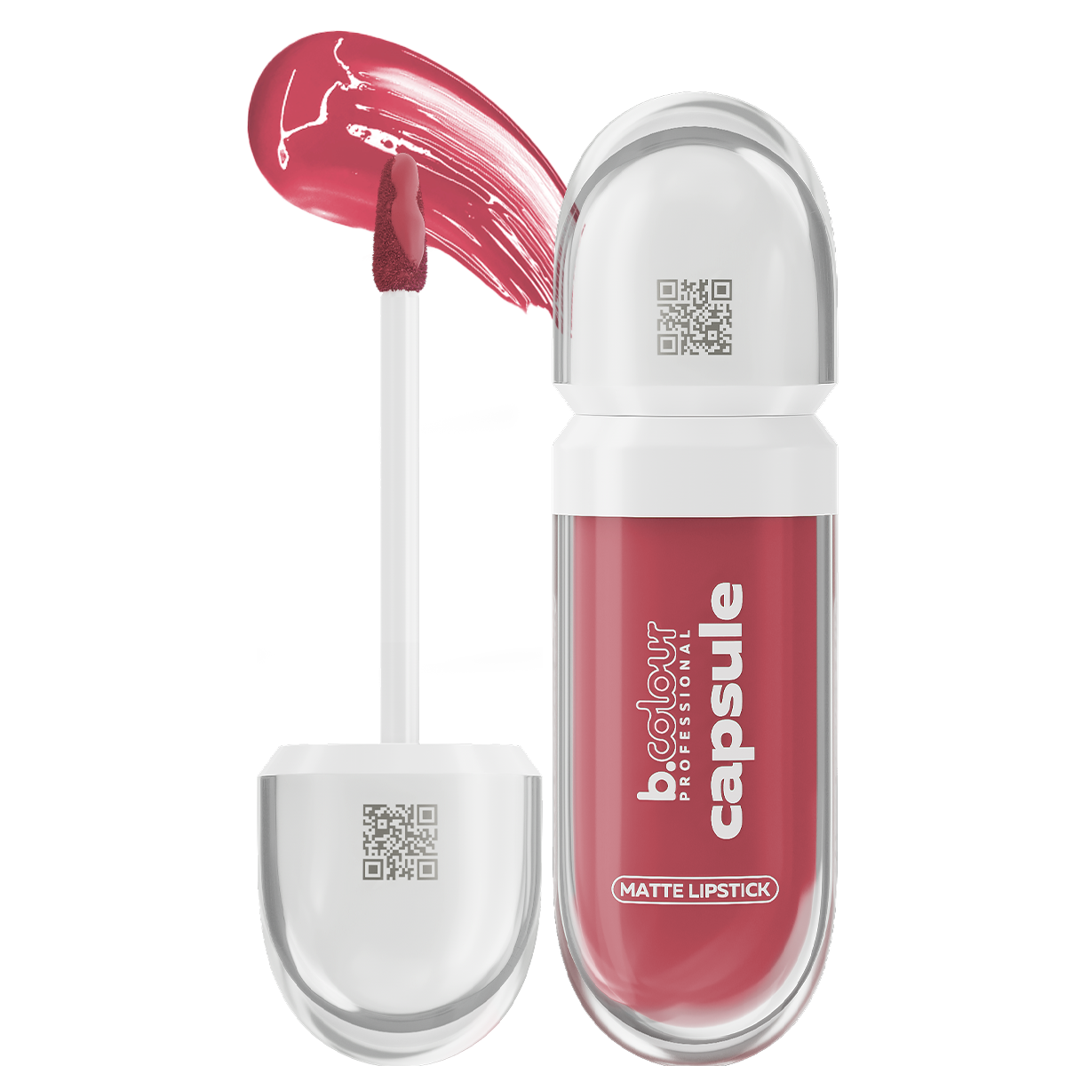B.Colour Capsule Professional Matte Liquid Lipstick 06, Kapsel-Verpackung in Silber-Weiß mit Applikator, daneben Farbprobe in einem satten Rosenholz-Ton
