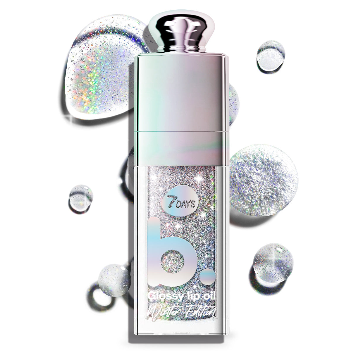 7DAYS b.colour Glossy Lip Oil Winter Edition in Holo-Baby mit schimmerndem, holografischem Glanz, Produktfoto mit glitzernden Tropfen im Hintergrund