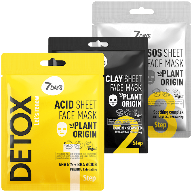 7DAYS Detox Set, bestehend aus drei Gesichtsmasken: Acid Sheet Face Mask mit AHA 5% + BHA, Clay Sheet Face Mask mit Kaolin und Meeresalgen sowie SOS Sheet Face Mask mit beruhigendem Komplex, in farbigen Verpackungen