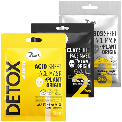 7DAYS Detox Set, bestehend aus drei Gesichtsmasken: Acid Sheet Face Mask mit AHA 5% + BHA, Clay Sheet Face Mask mit Kaolin und Meeresalgen sowie SOS Sheet Face Mask mit beruhigendem Komplex, in farbigen Verpackungen