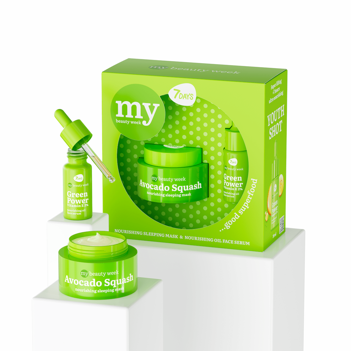 7DAYS My Beauty Week Avocado Squash Gift Set, bestehend aus Nourishing Sleeping Mask in der Dose und Green Power Vitamin & Oil Face Serum in der Pipettenflasche, in grüner Verpackung
