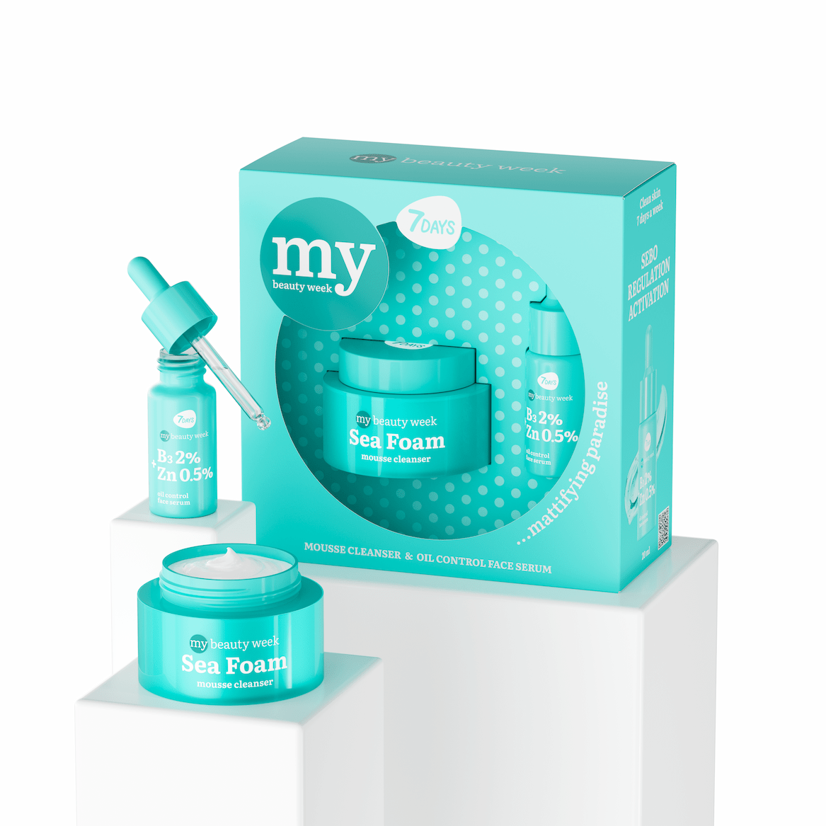 7DAYS My Beauty Week Sea Foam Gift Set, bestehend aus Mousse Cleanser in der Dose und Oil Control Face Serum mit Vitamin B3 2% und Zink 0,5% in der Pipettenflasche, in türkisfarbener Verpackung