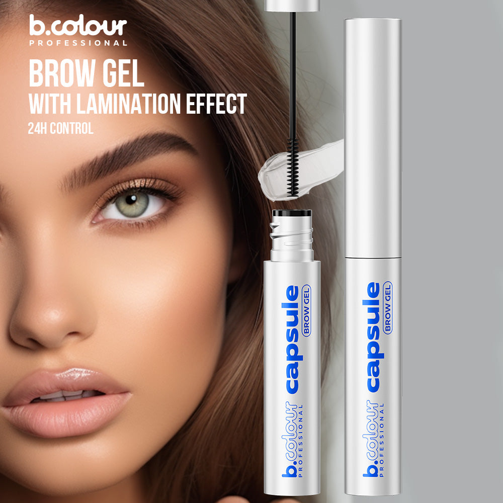 b.colour Professional Capsule Brow Gel im silbernen Flakon mit Bürstenapplikator, gezeigt neben einem Model mit perfekt gestylten Augenbrauen.
