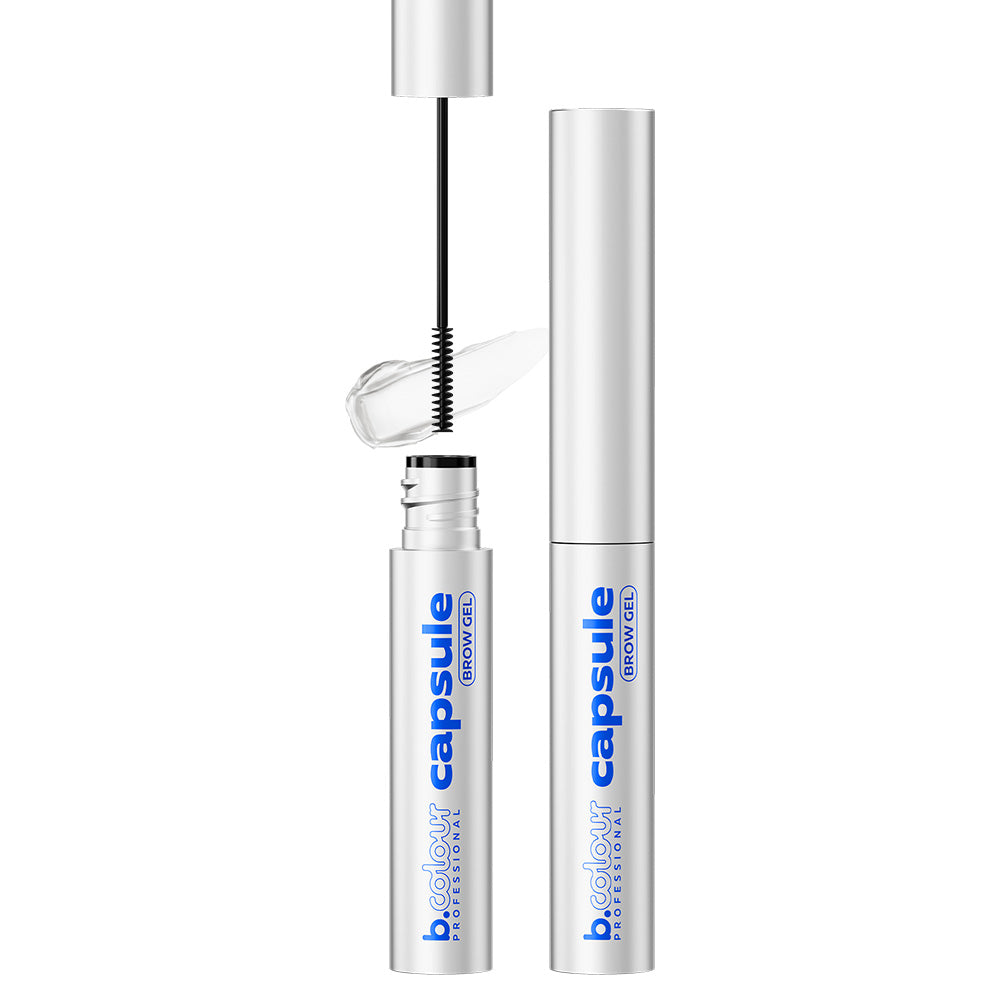 b.colour Professional Capsule Brow Gel im schlanken silbernen Flakon mit Bürstenapplikator, geöffnet und geschlossen nebeneinander präsentiert.