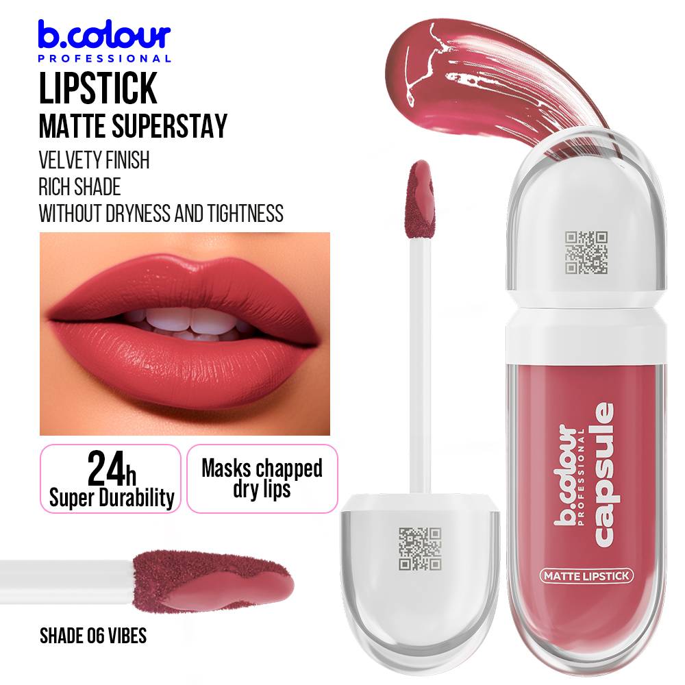 b.colour Professional Matte Superstay Lippenstift in der Nuance 06 Vibes – roter Liquid Lipstick mit samtigem Finish, Applikator und Produkt-Swatch, beworben mit 24h Haltbarkeit und pflegender Wirkung ohne Trockenheitsgefühl.