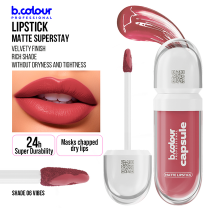 b.colour Professional Matte Superstay Lippenstift in der Nuance 06 Vibes – roter Liquid Lipstick mit samtigem Finish, Applikator und Produkt-Swatch, beworben mit 24h Haltbarkeit und pflegender Wirkung ohne Trockenheitsgefühl.