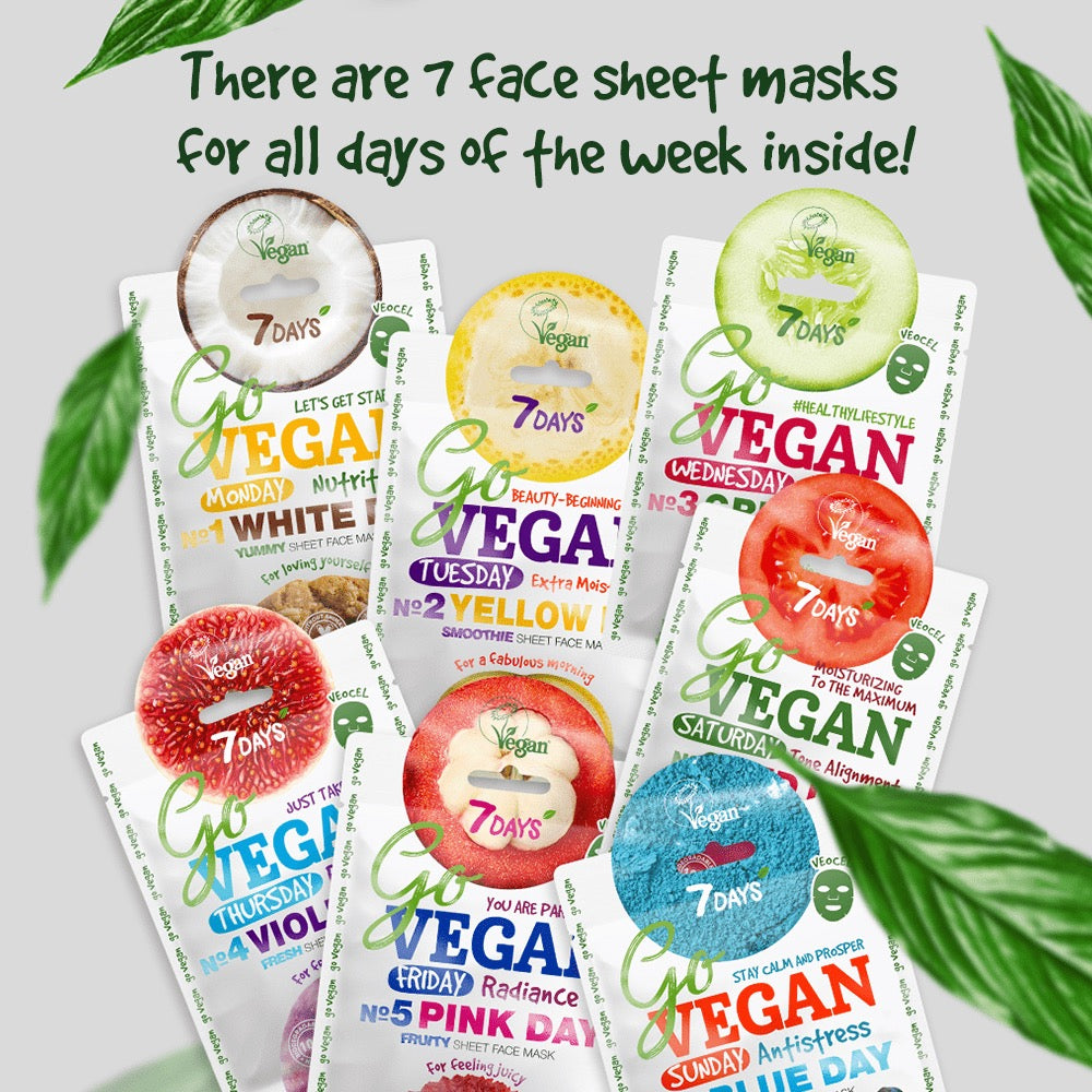 Sieben farbenfrohe Sachets der 7DAYS Go Vegan Sheet Mask Serie, jeweils für einen Wochentag von Montag bis Sonntag, mit Obst- und Gemüse-Designs passend zu den Masken („White Day“, „Yellow Day“, „Green Day“, „Violet Day“, „Pink Day“, „Red Day“, „Blue Day“).
