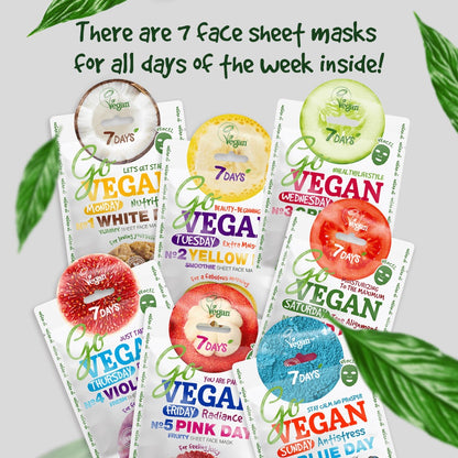 Sieben farbenfrohe Sachets der 7DAYS Go Vegan Sheet Mask Serie, jeweils für einen Wochentag von Montag bis Sonntag, mit Obst- und Gemüse-Designs passend zu den Masken („White Day“, „Yellow Day“, „Green Day“, „Violet Day“, „Pink Day“, „Red Day“, „Blue Day“).
