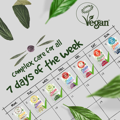 Kalender-Illustration mit den 7DAYS Go Vegan Sheet Masks für jeden Wochentag, jeweils mit grünem Haken markiert, dazu der Hinweis „complex care for all 7 days of the week“ und ein Vegan-Logo, um die tägliche Hautpflege-Routine zu betonen.