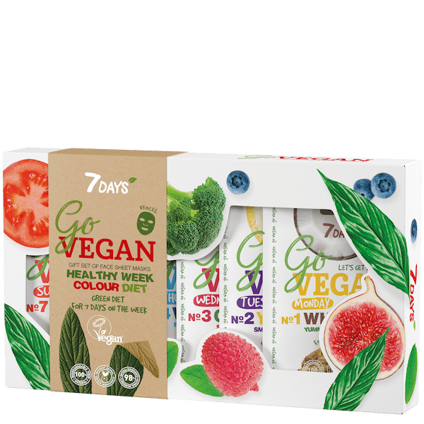 7DAYS Go Vegan Geschenkset mit 7 Gesichtsmasken für eine Woche – Healthy Week Colour Diet, vegane Tuchmasken mit Gemüse- und Fruchtextrakten in nachhaltiger Verpackung